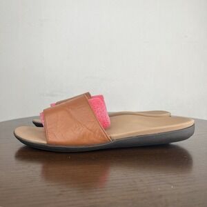 Vionic Val Sandals Women's 9 Tan Brown Leather Comfort Slide Flat Open Toe Shoes